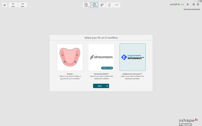 Étape 2 — Sélection du workflow TruAbutment ioConnect (écran 2)