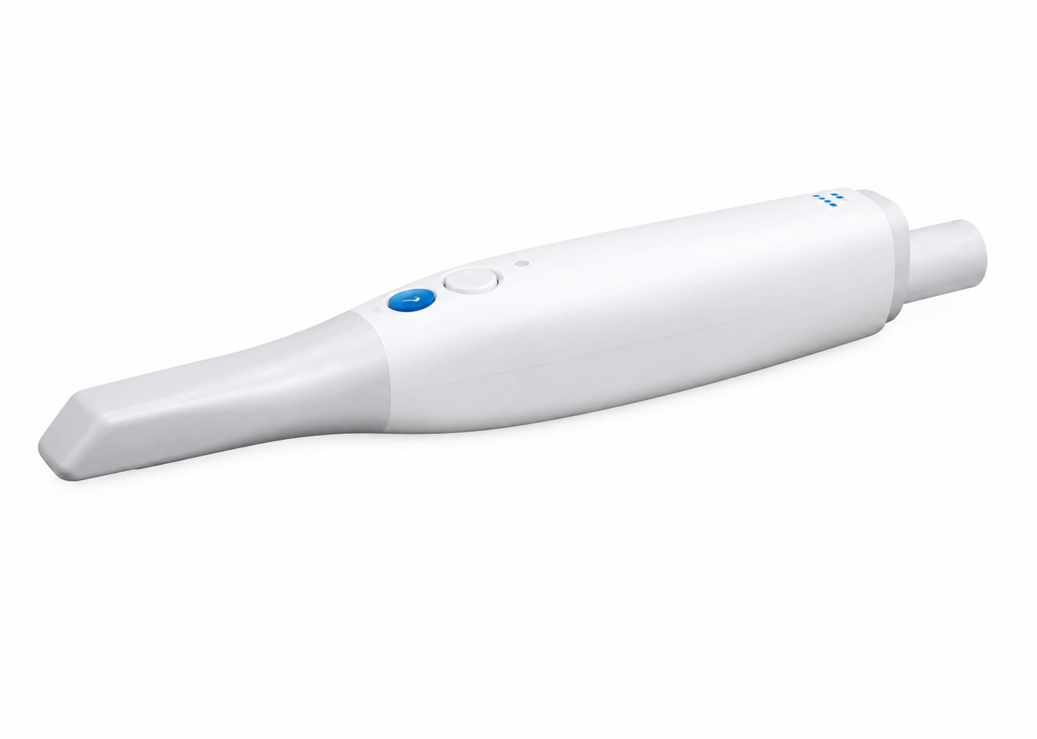 Scanner intra-oral blanc avec bouton bleu, présenté sur fond blanc.