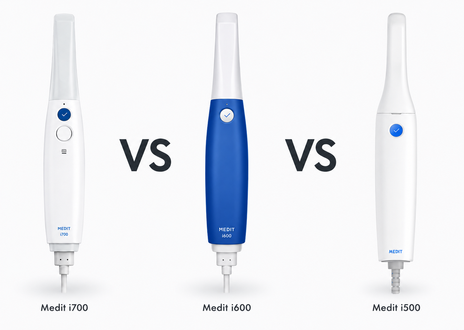 Comparatif des scanners intra-oraux Medit i700, Medit i600 et Medit i500, présentés côte à côte avec des “VS” au centre sur fond blanc.