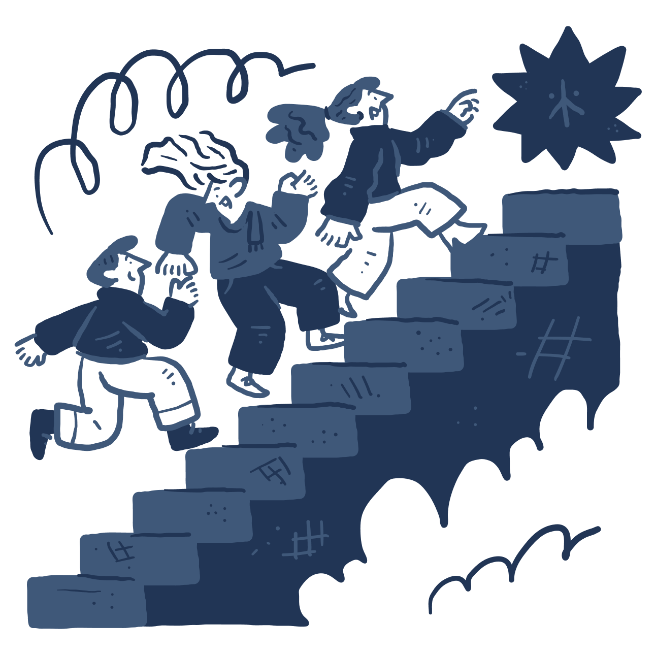 Three people climbing a set of stairs together