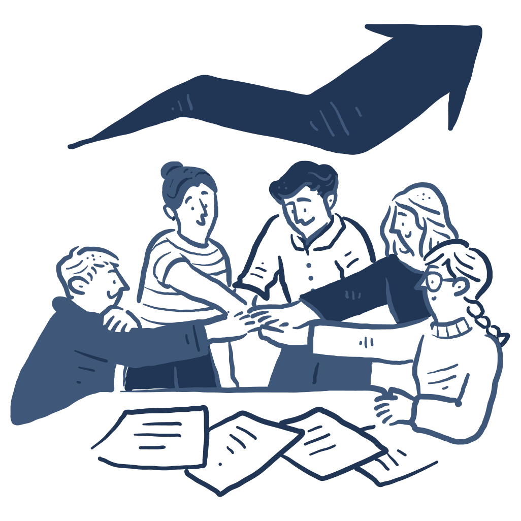 Five people in a huddle, with their hands placed atop one another and an arrow floating above them, going up and to the right