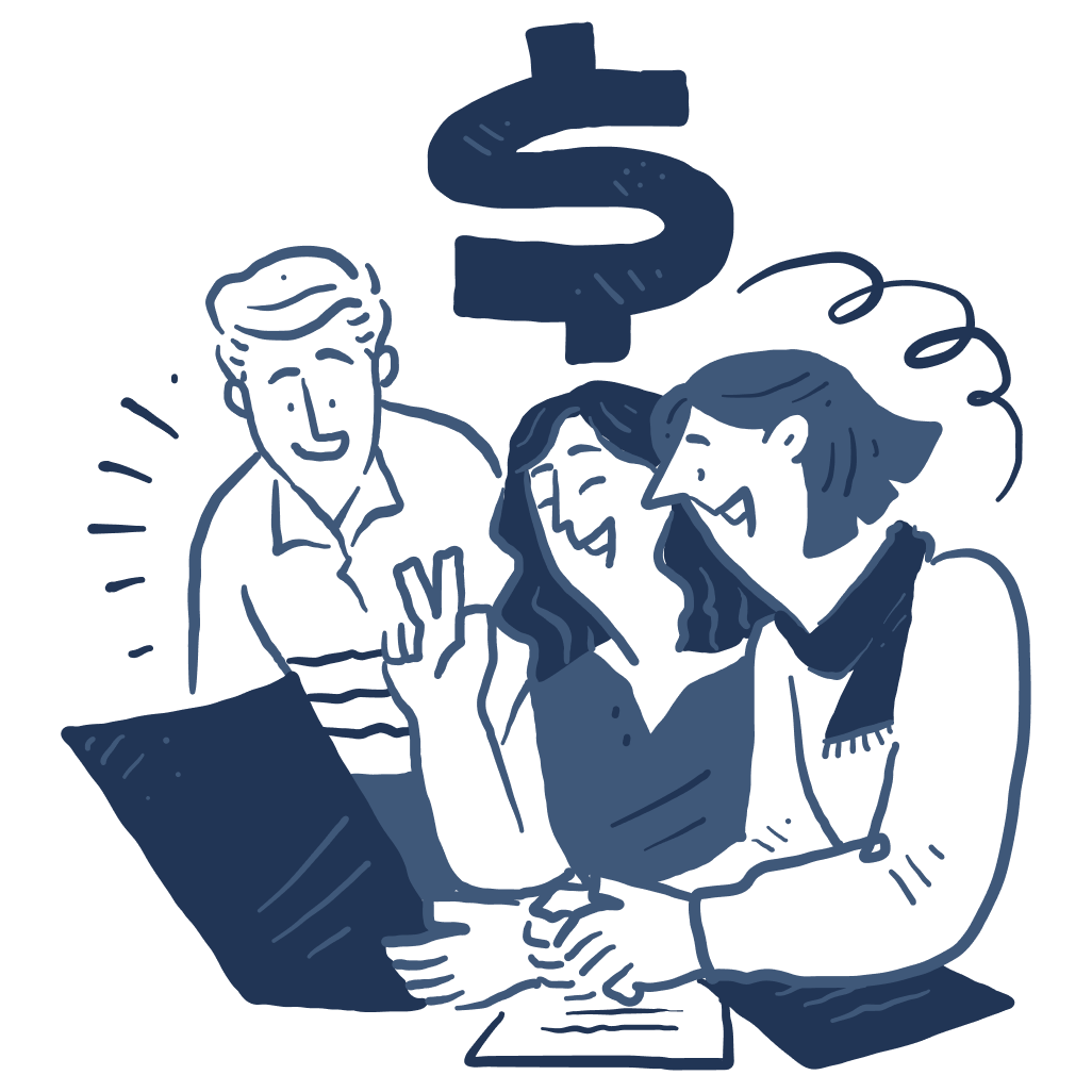 Three people gathered around with some pieces of paper and a dollar sign floating above their heads
