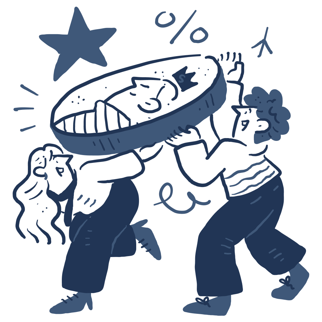 Two people carrying a giant coin, with a star and a percentage sign above
