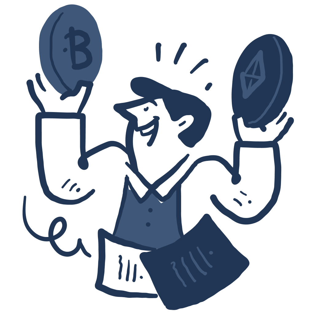 A person holding two coins, one with the Bitcoin logo, and the other with the Ethereum logo