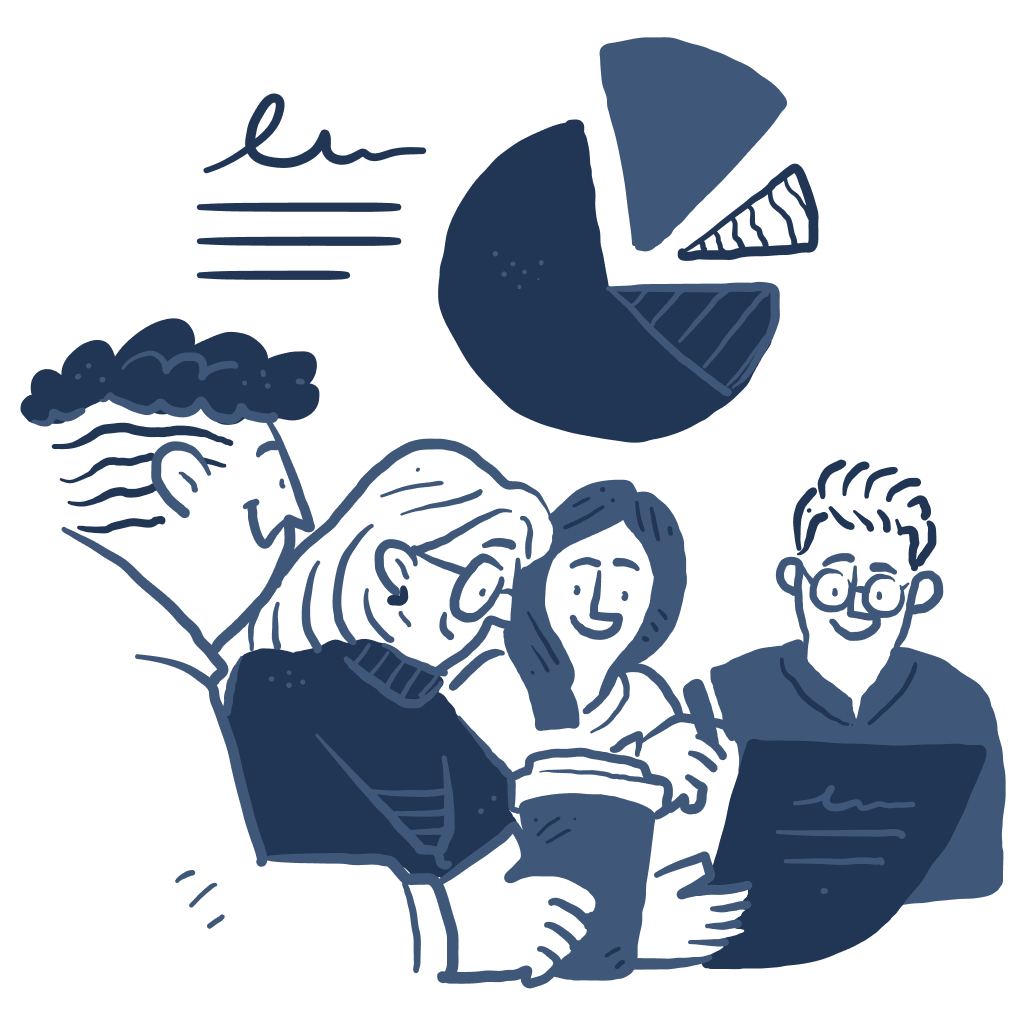 Four people gathered around a laptop, with a pie chart in the background