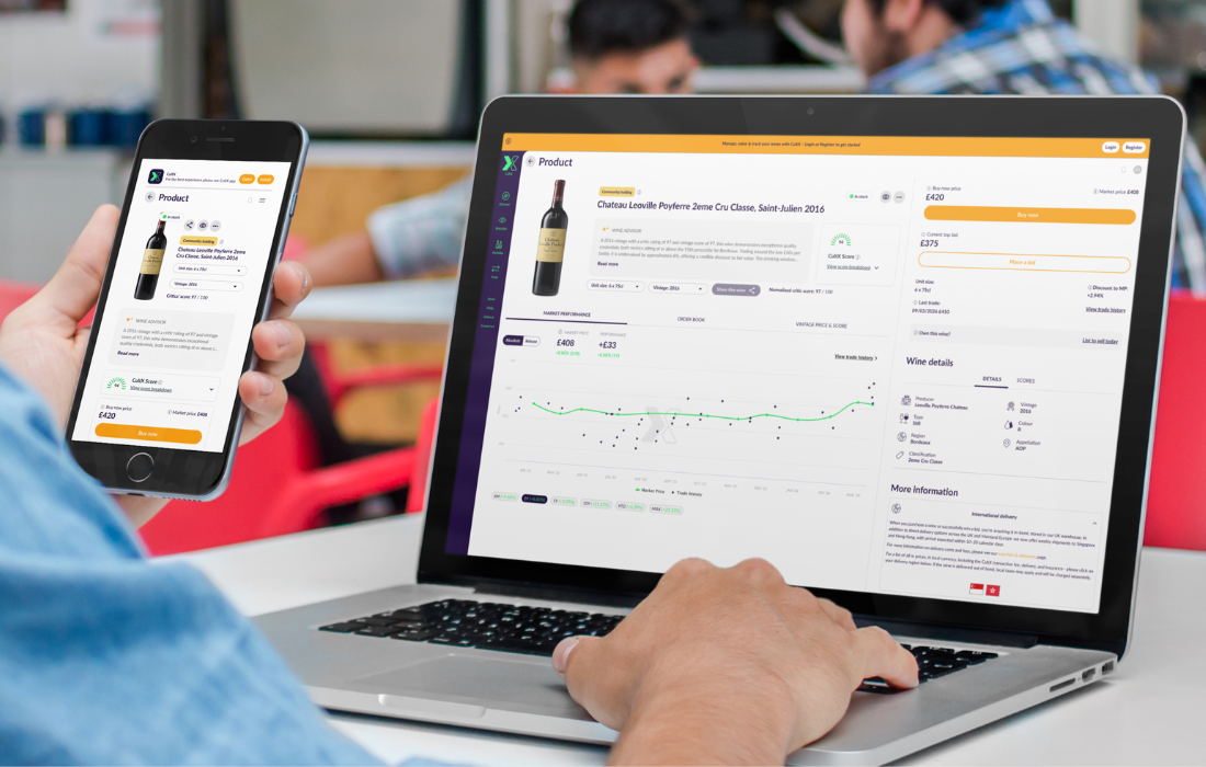 Fine wine market data visualisation representing trading activity, price trends and marketplace liquidity signals.