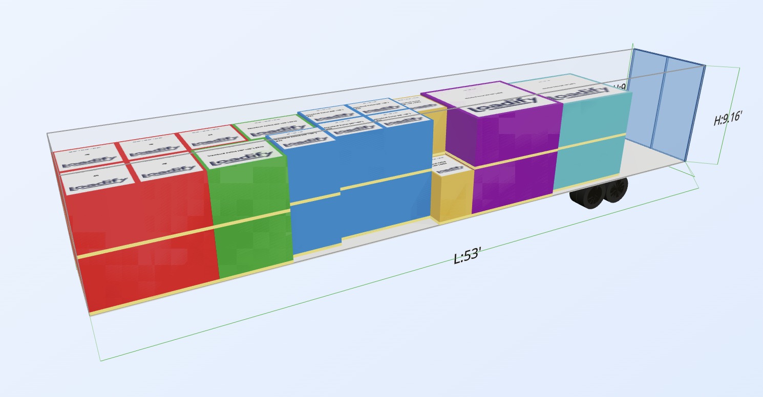 Real Freight Map 3D load plan showing trailer dimensions and cargo placement