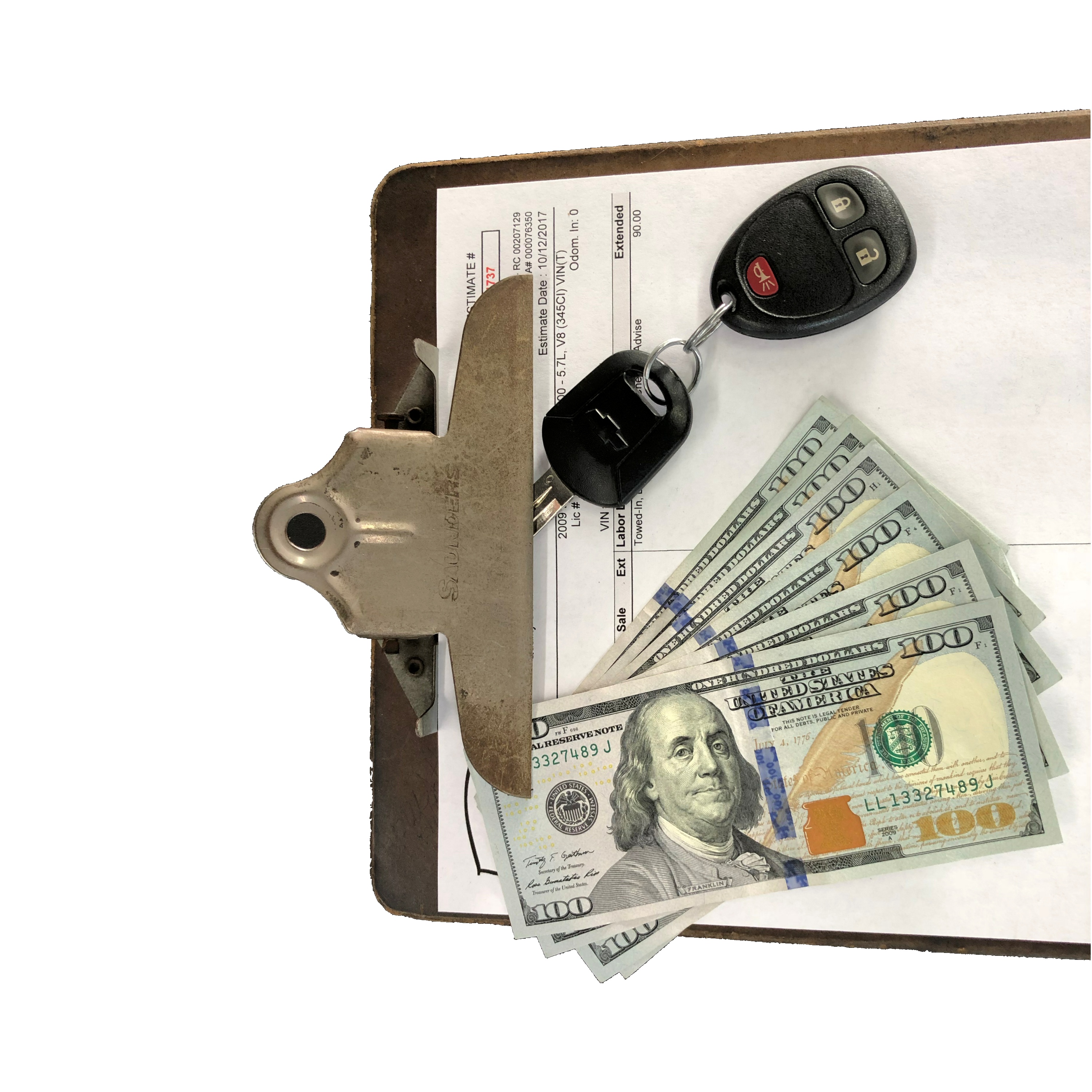 Clipboard, keys, and money; financing