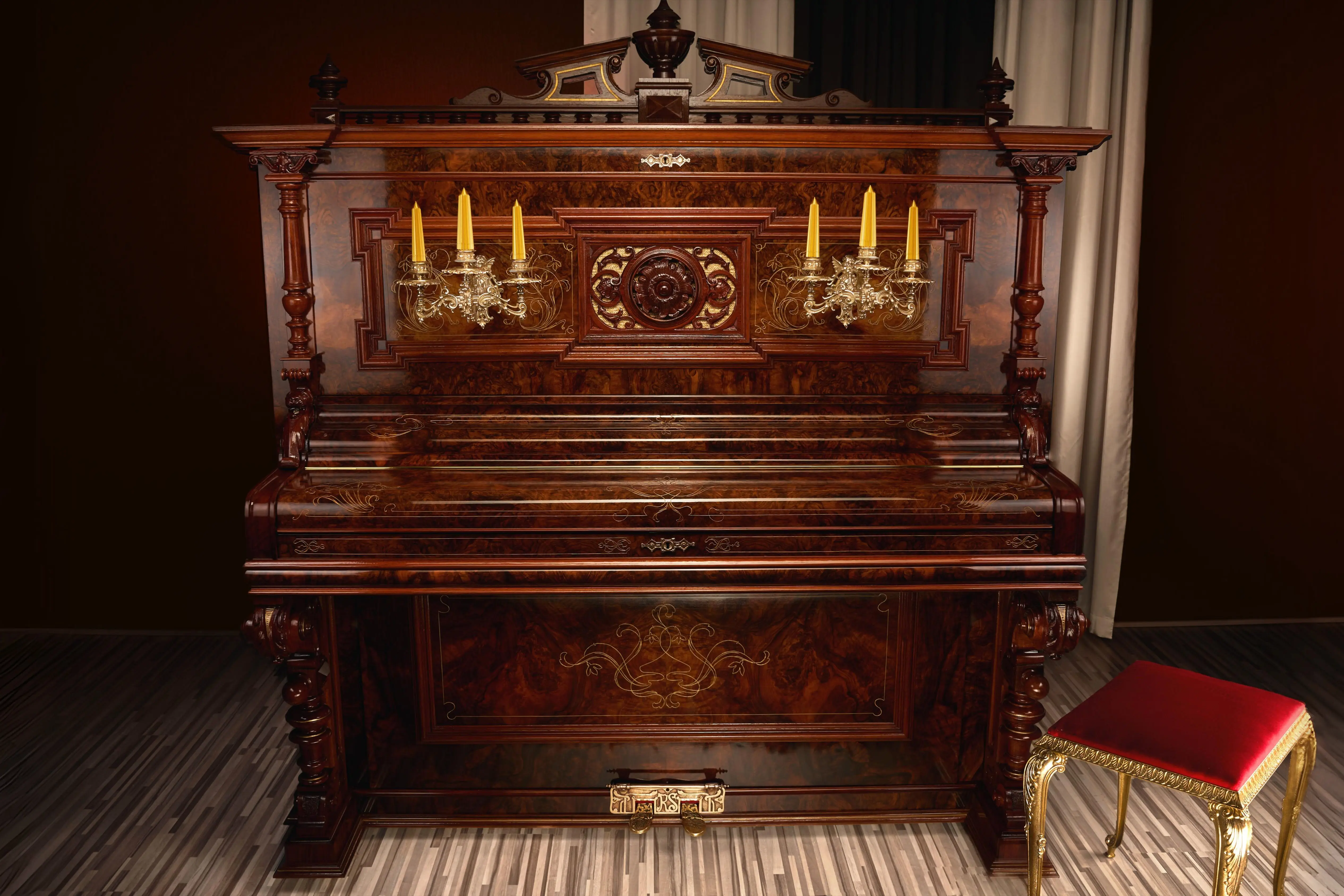 Stichel Klavier Würzelholz Nussbaum Antik