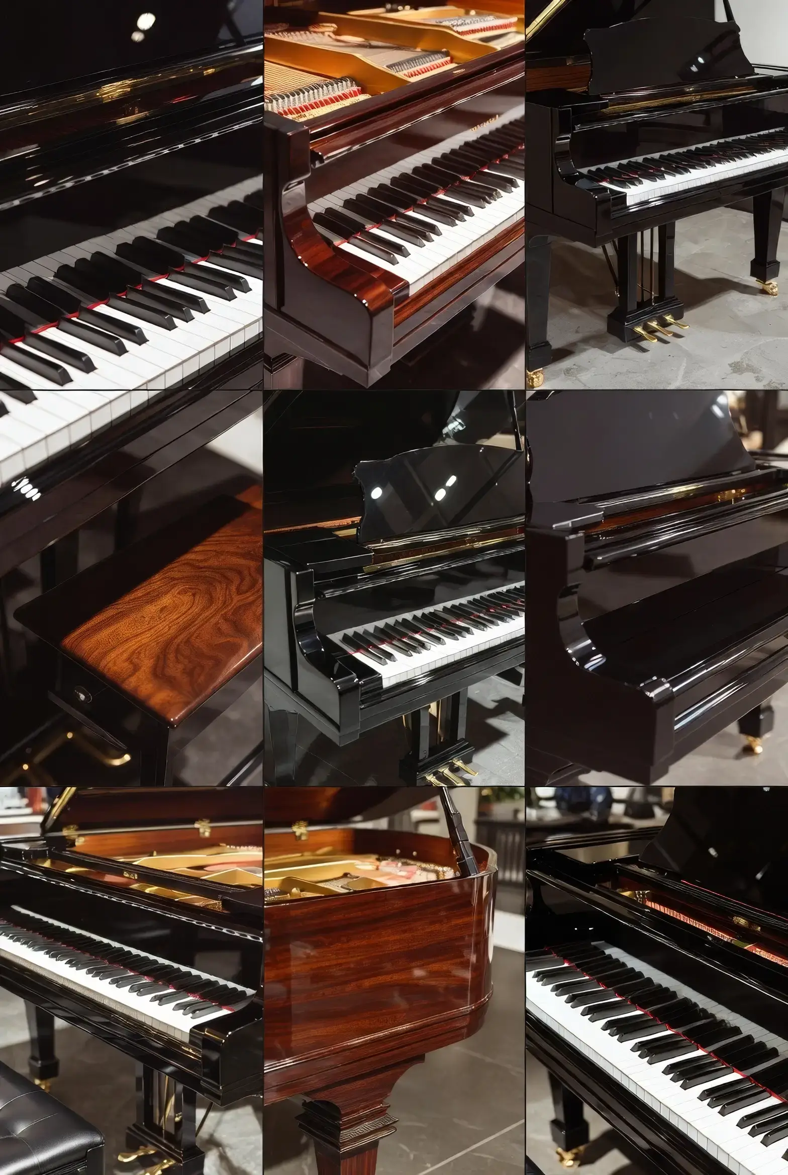 Collage mit Detailfotos von Polyester Hochglanzflächen an Klavieren und Flügeln