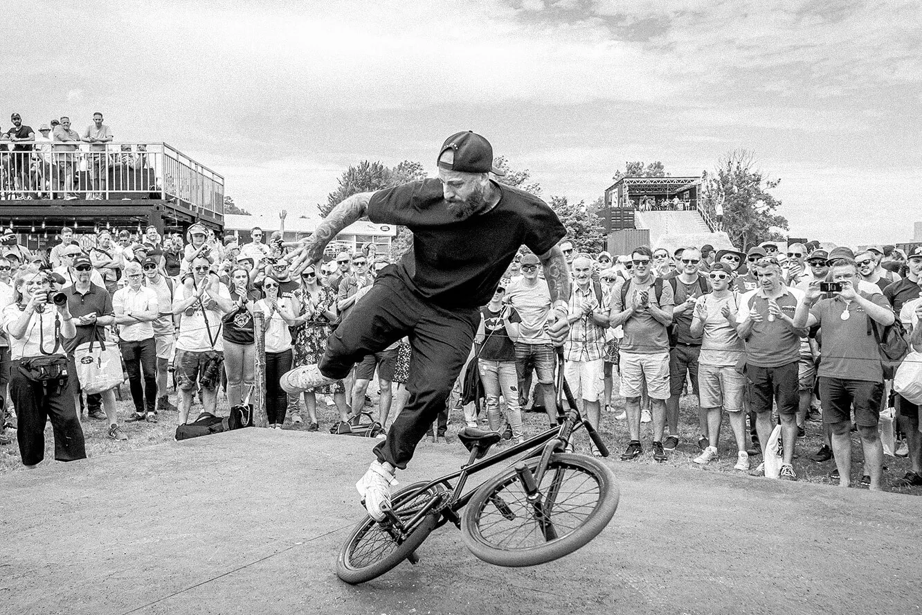 Lee musselwhite in action mid run on his BMX bike