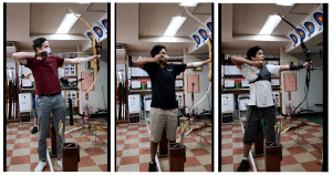 Three members of Tokyo Techies practicing archery for an AI research project.