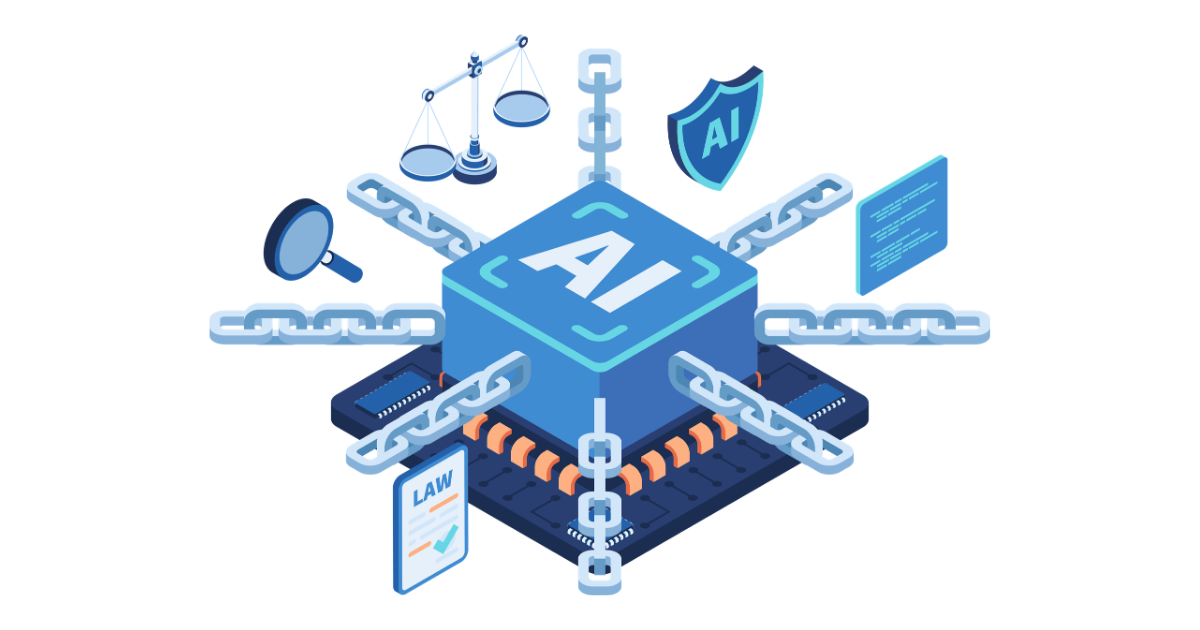 Isometric graphic of a central AI chip linked by chains to icons representing law, security, regulation, and justice.
