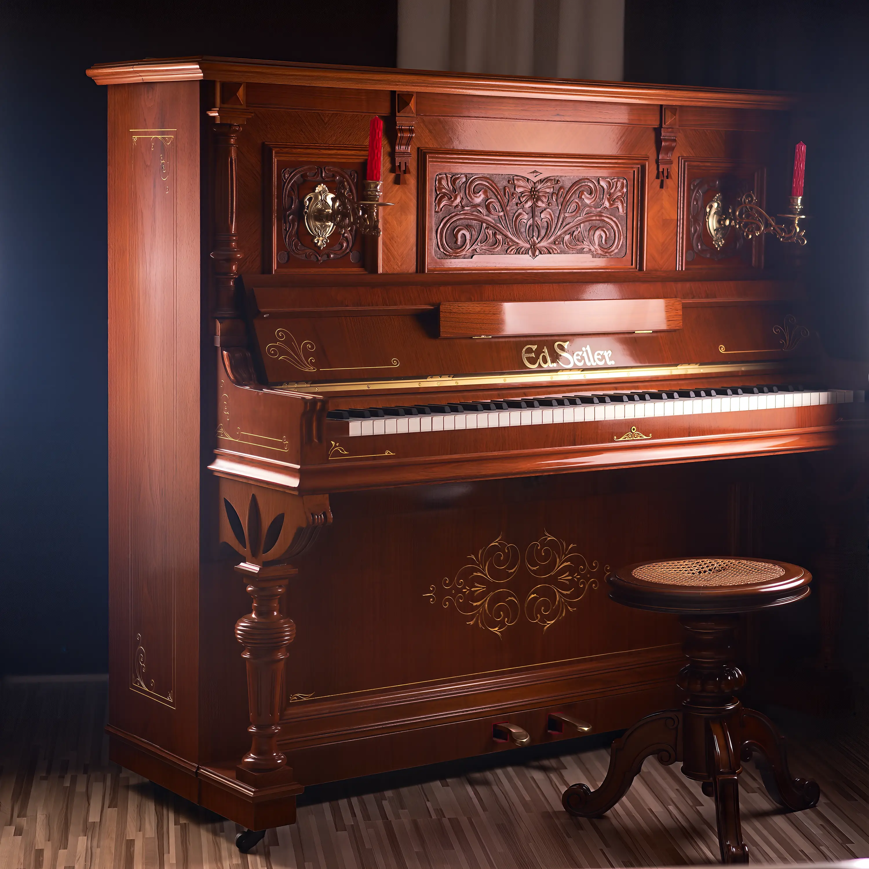 Goldene KlavierbankEd. Seiler Klavier – restauriert, Nussbaum Schellack