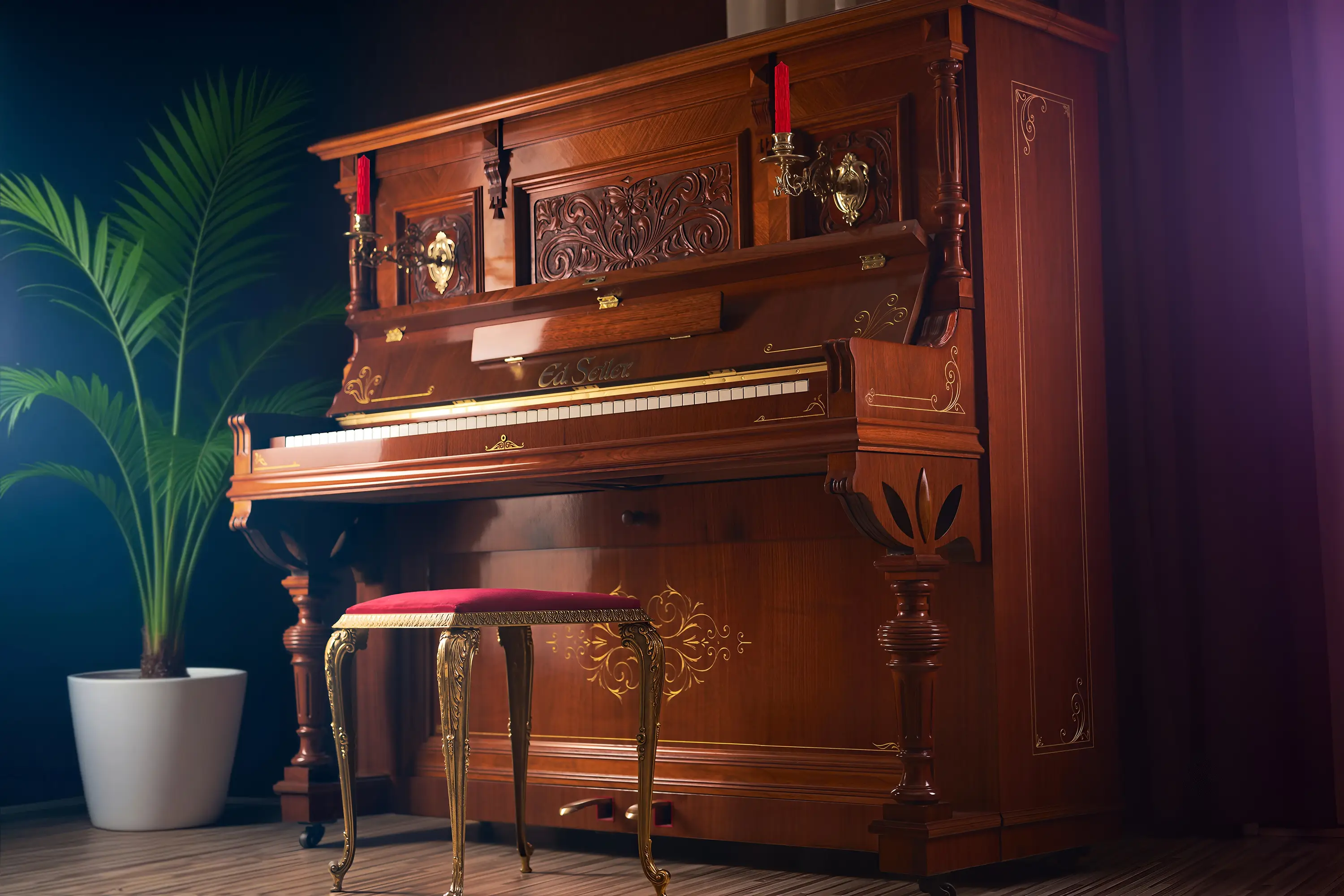 Goldene KlavierbankEd. Seiler Klavier – restauriert, Nussbaum Schellack