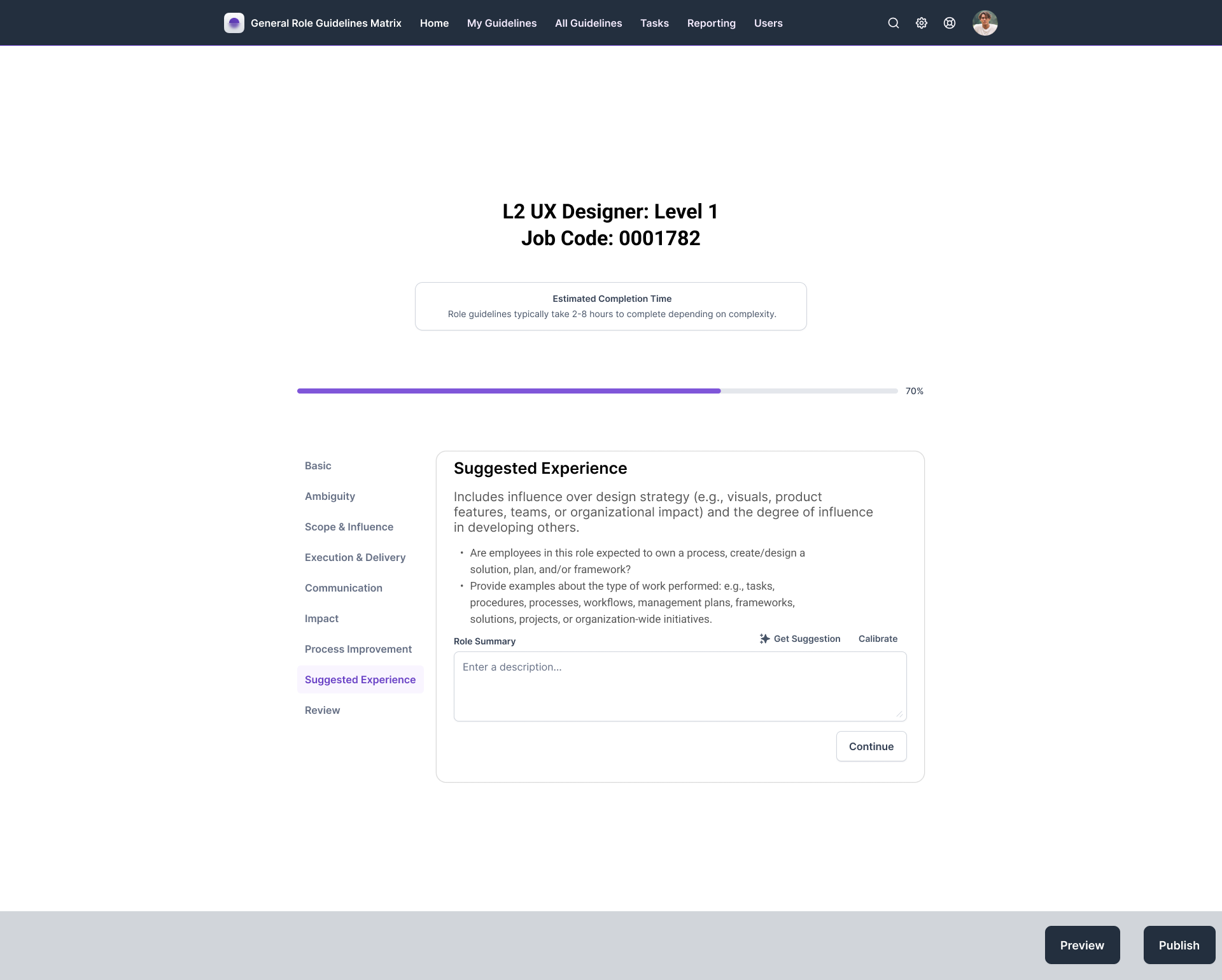 Role Guidelines Builder, Suggested Experience step at 70% completion