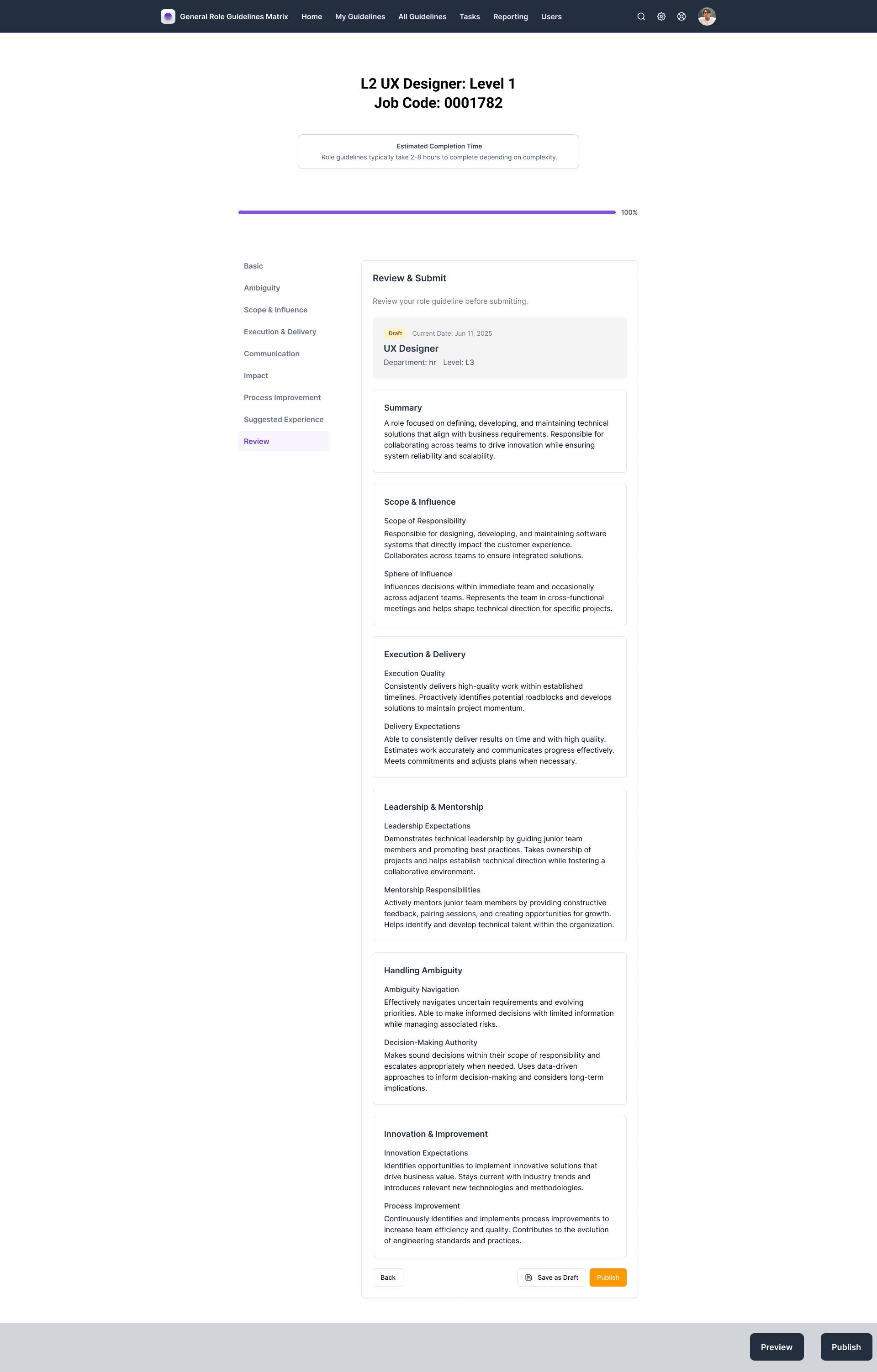 Role Guidelines Builder, Review and Submit step at 100% completion showing the assembled role guideline