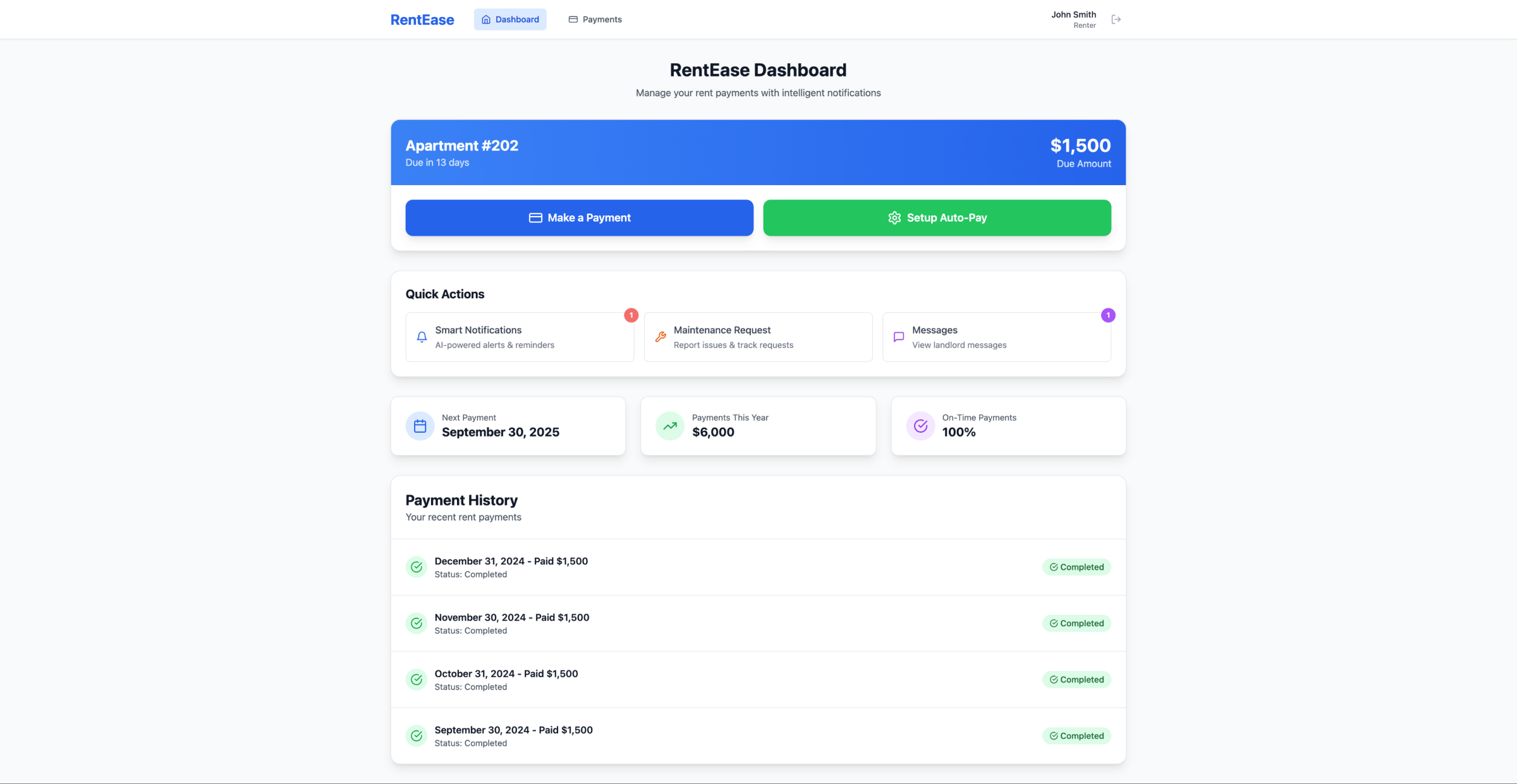 RentEase renter dashboard showing upcoming rent, Make a Payment and Set Up Auto-Pay actions, and payment history