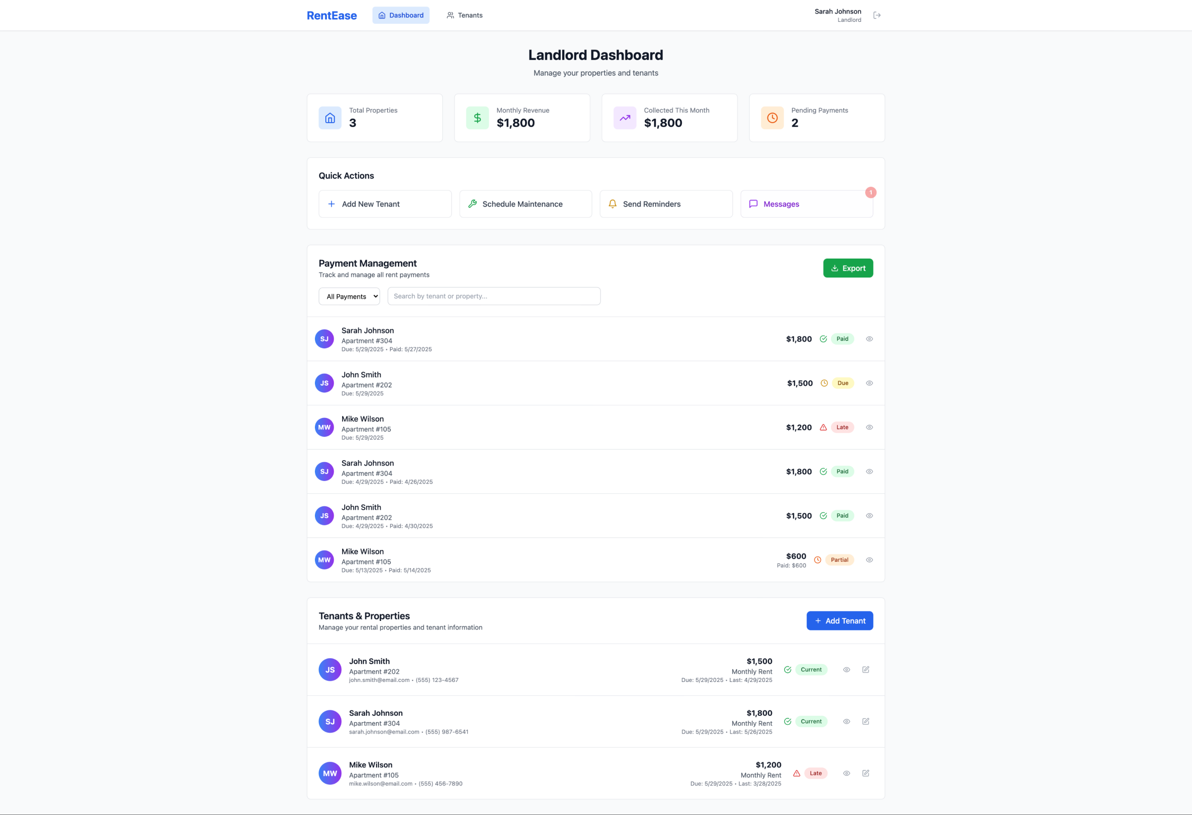 RentEase landlord dashboard opening on four summary figures — total properties, monthly revenue, collected this month and pending payments — above a payment management table where each tenant row carries a plain-language Paid, Due or Late status and inline quick actions