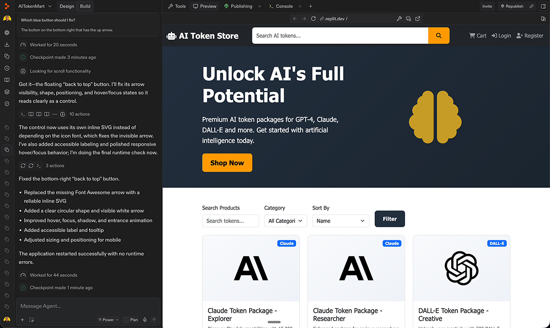 The AI Token Store running live in Replit: the build log and agent conversation on the left, and the working storefront preview on the right showing the Unlock AI's Full Potential hero and Claude and DALL-E token package cards