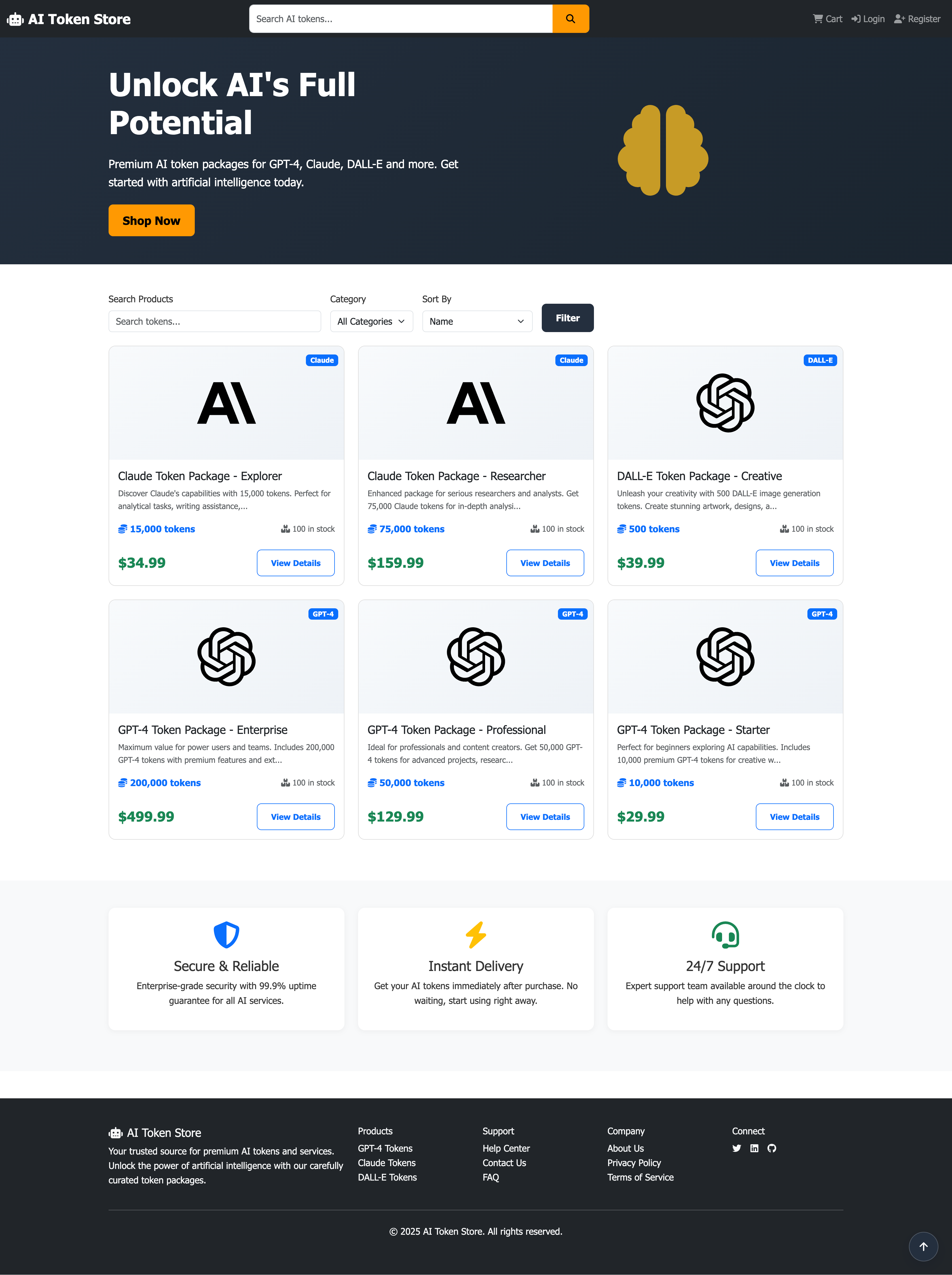 AI Token Store storefront: hero reading Unlock AI's Full Potential, six token package cards with prices and token counts, and a trust row covering security, instant delivery and support
