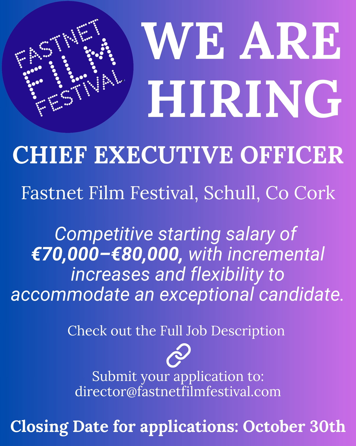 We are hiring a CEO, competitive salary 70-80k, submit applications to director@fastnetfilmfestival.com