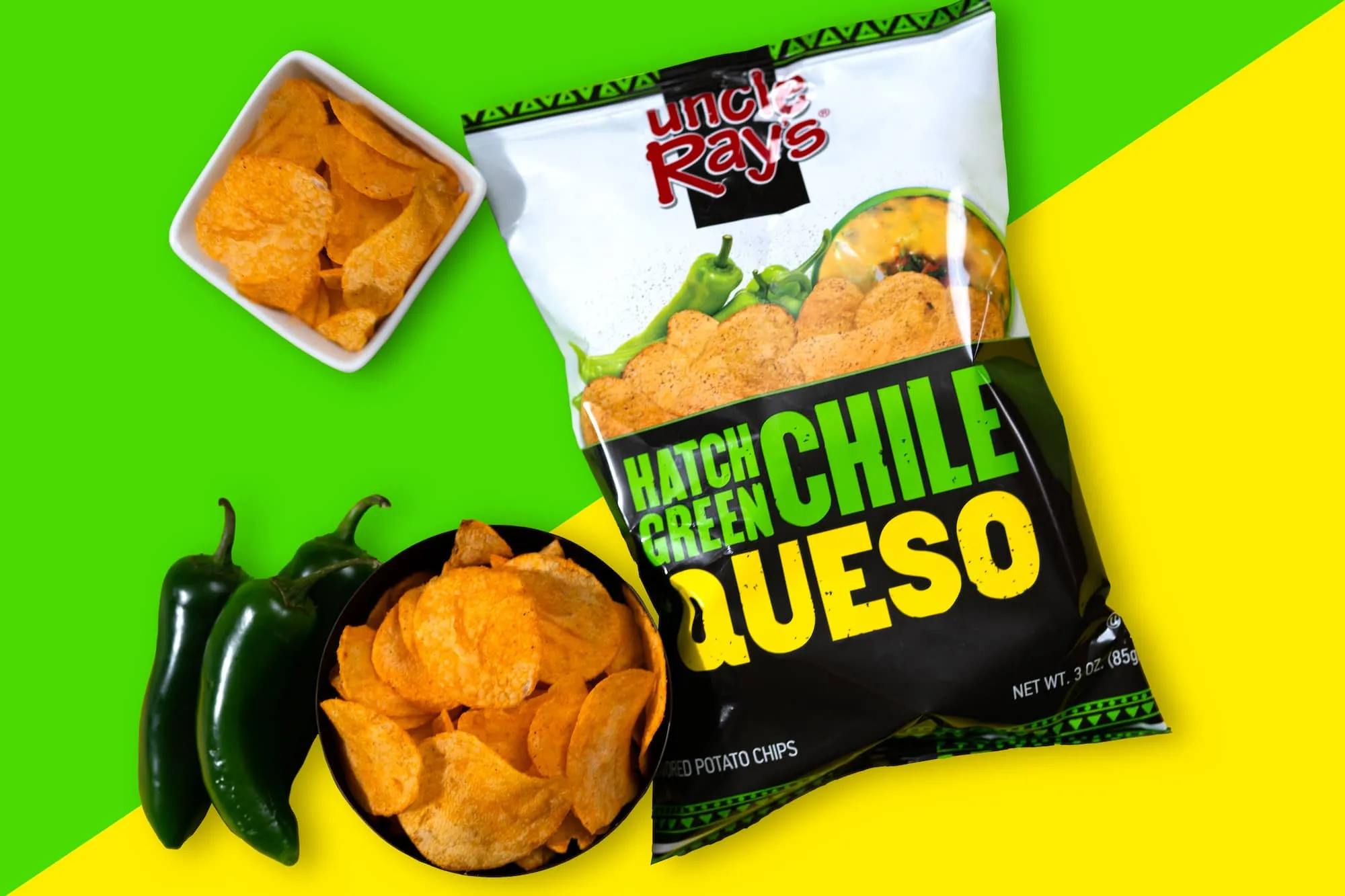 Hatch Green Chili Queso Potato chips by Uncle Ray's
