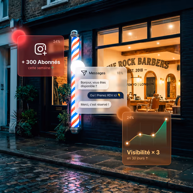 Façade d'un salon de barbier avec animation digitale montrant +300 abonnés et visibilité x3 en 30 jours.