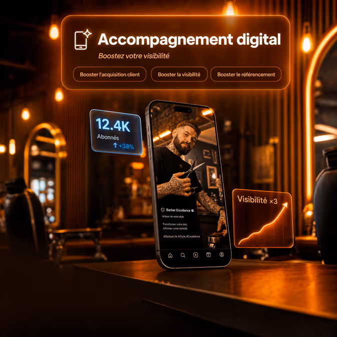 Annonce d'accompagnement digital avec un homme tatoué dans un salon de coiffure et des statistiques de visibilité.