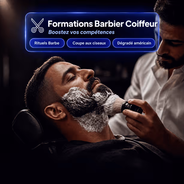 Barbier appliquant de la mousse à raser sur la barbe d'un homme allongé yeux fermés.