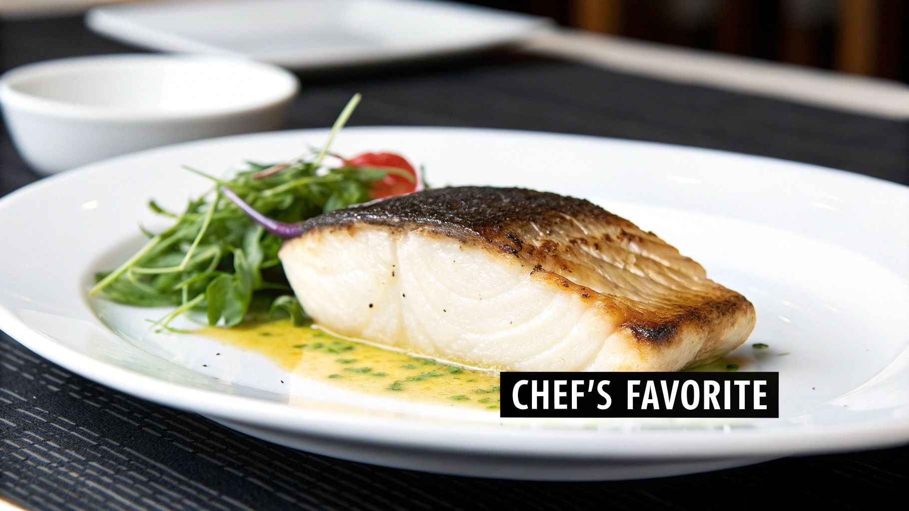 A perfectly cooked Chilean sea bass fillet garnished with herbs and lemon on a white plate.