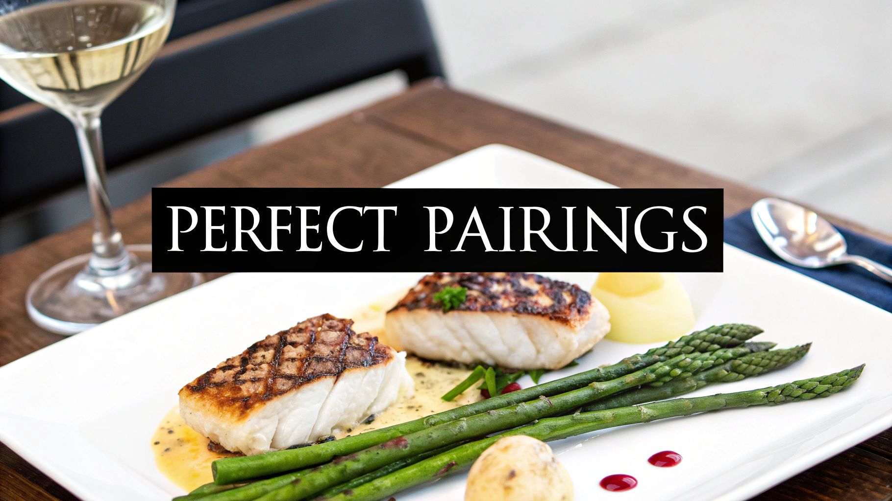 A beautifully plated Chilean sea bass dish with asparagus and risotto on a dark plate.