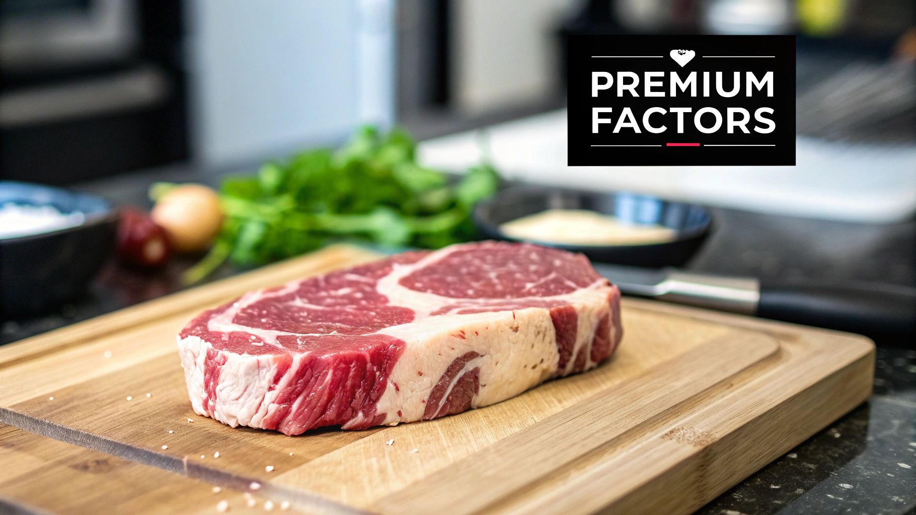 A selection of premium raw steaks, showcasing deep red color and intricate marbling.