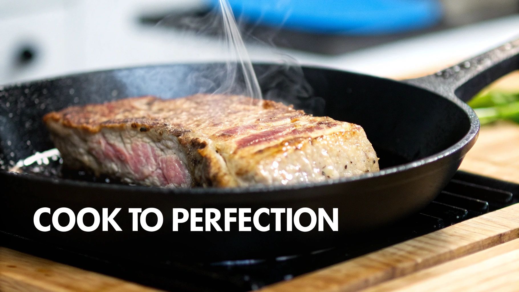 A perfectly cooked premium steak being sliced on a wooden board.