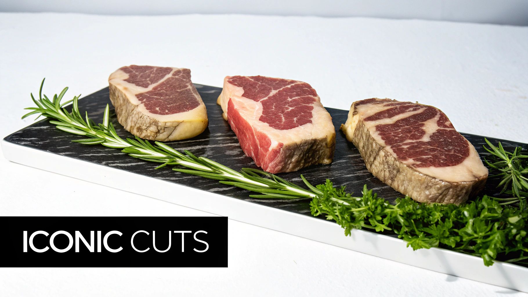 A collection of raw, premium cuts of meat on a dark surface, highlighting their marbling and color.