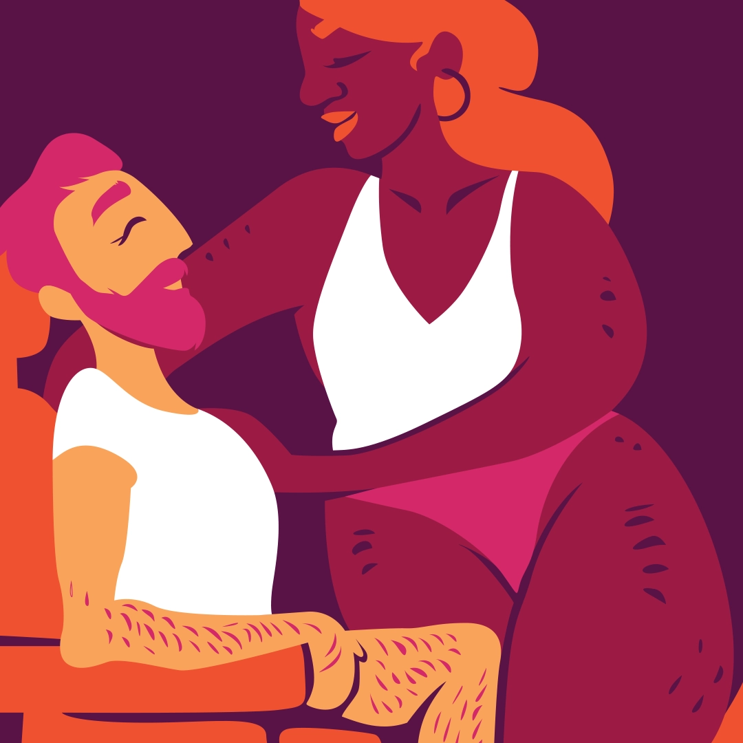 Man in a wheelchair with their Black partner, both in underwear