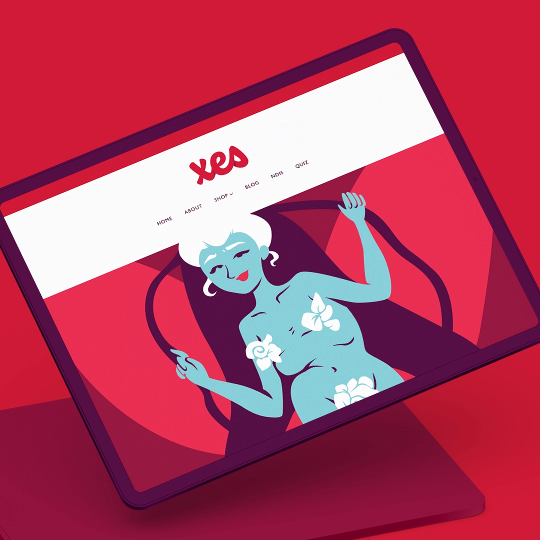 Tablet of the X E S website, landing illustration of a person naked on their sling