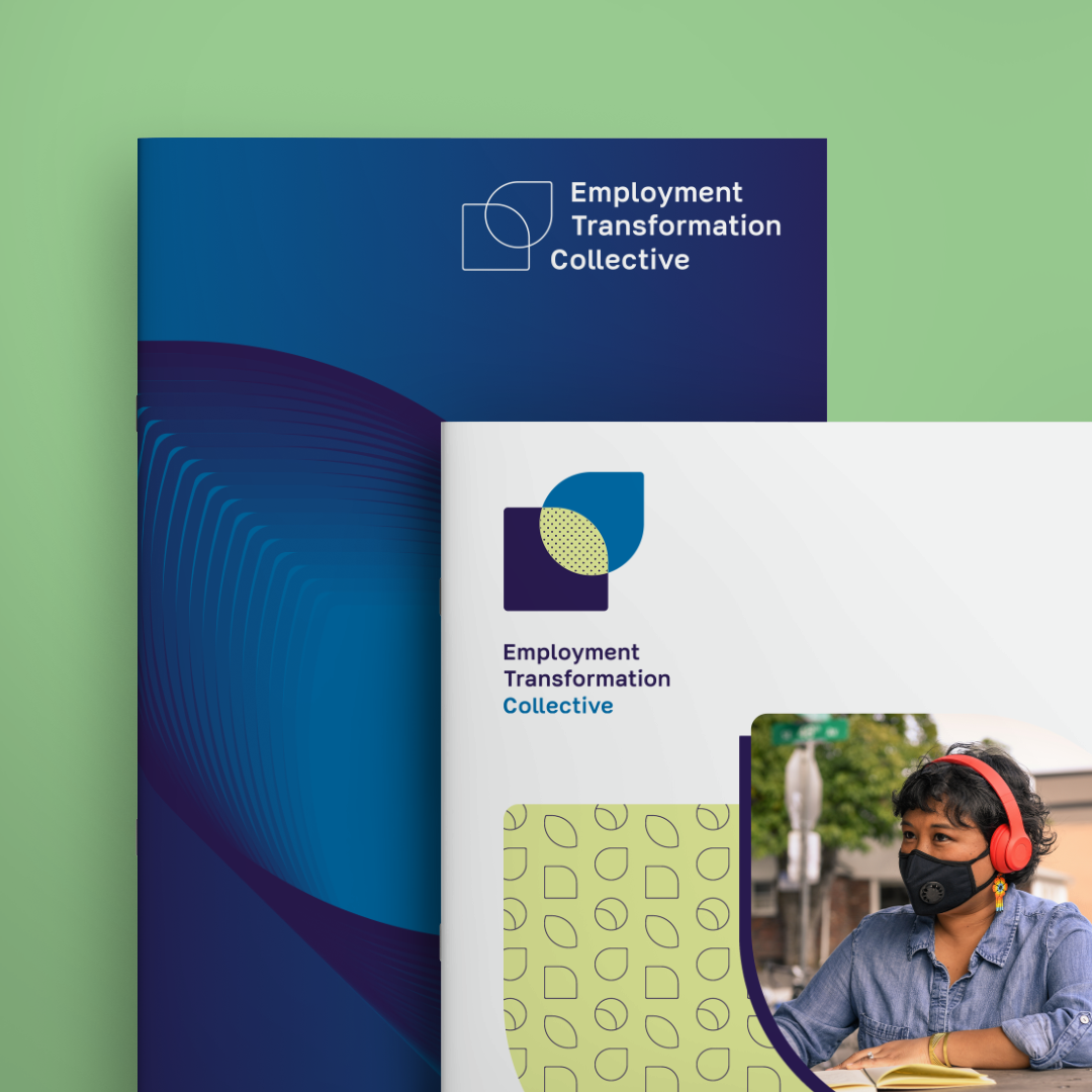 Employment transformation collective primary and secondary logos on two booklets