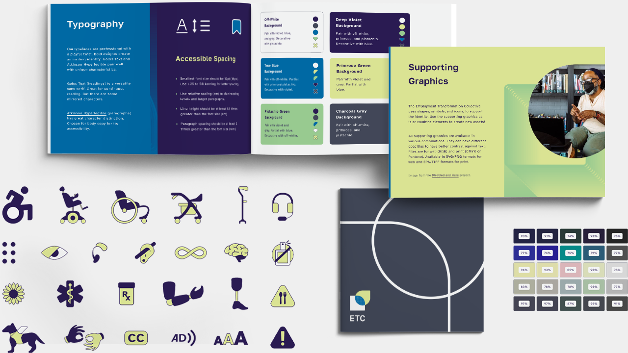 Design identity guide pages, tertiary logo, and custom disability icons