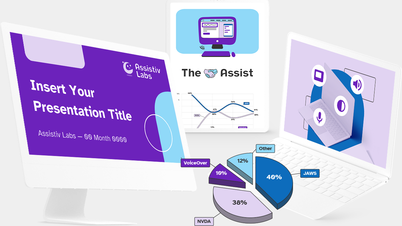 Four screens with design assets and an accessible pie chart graphic