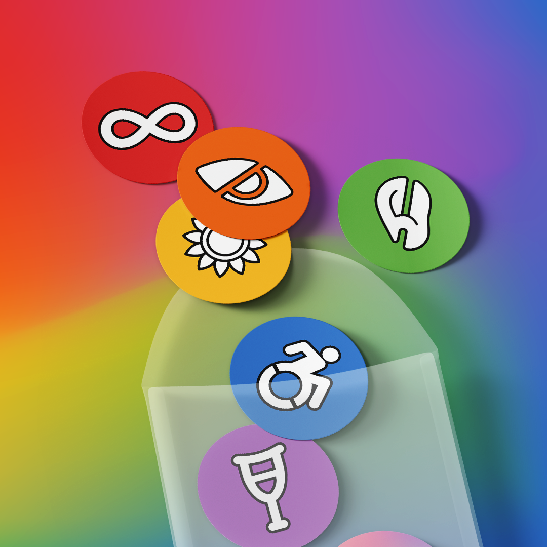 Six rainbow stickers with accessible icons in a pouch