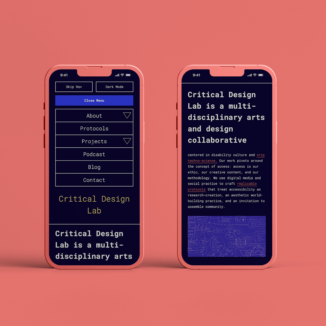 Mobile menu and landing page on mobile in dark mode