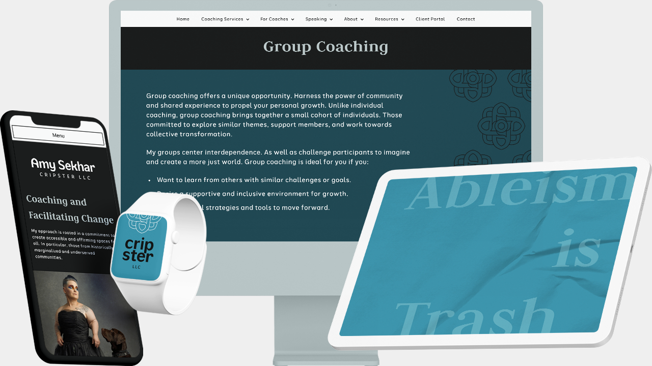 Website on a phone and desktop, watch with a sub logo, and tablet with a decorative banner