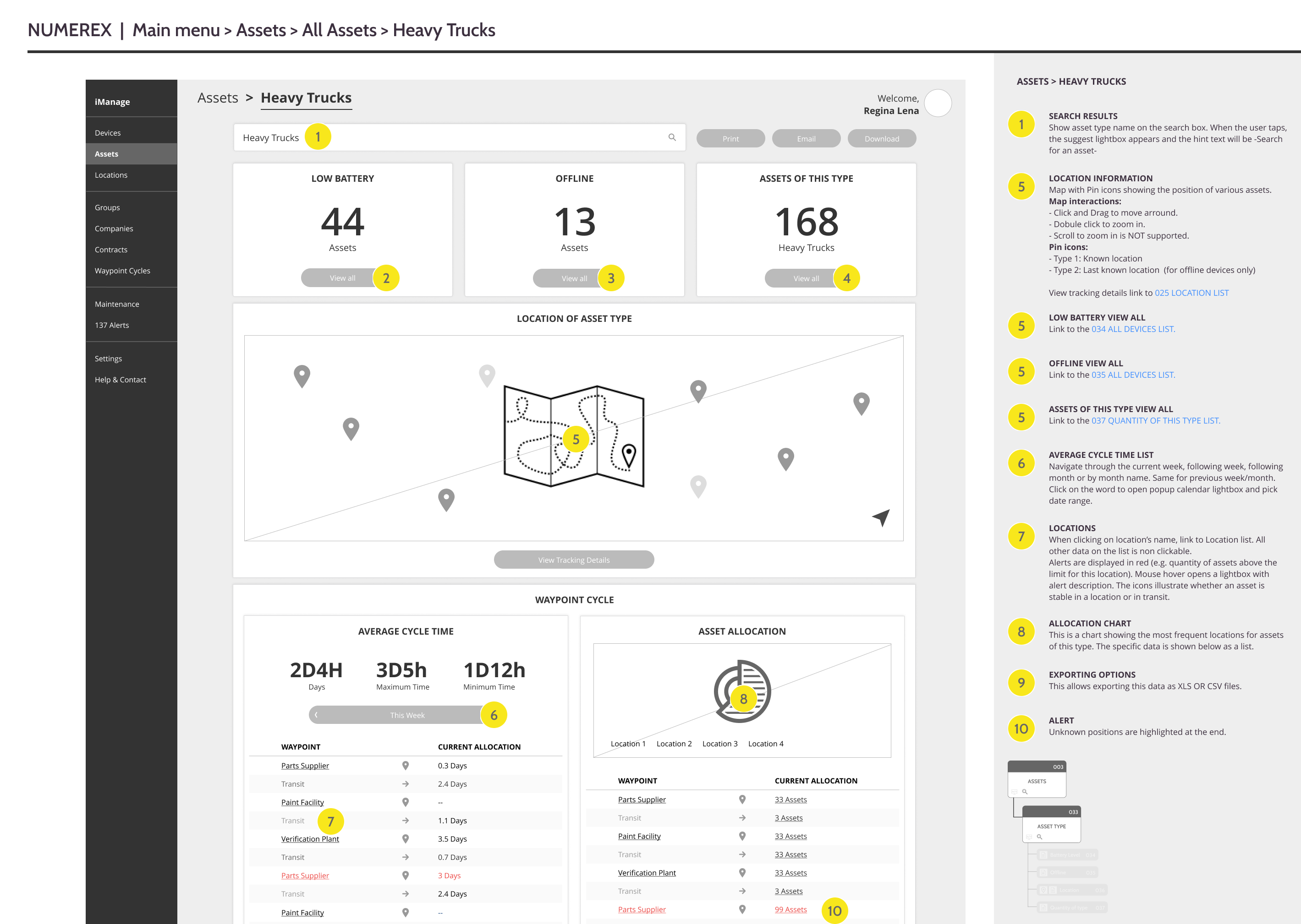 Dashboard interface for monitoring heavy trucks including total, offline, and online trucks, a location map, health status charts, and detailed asset and location data.