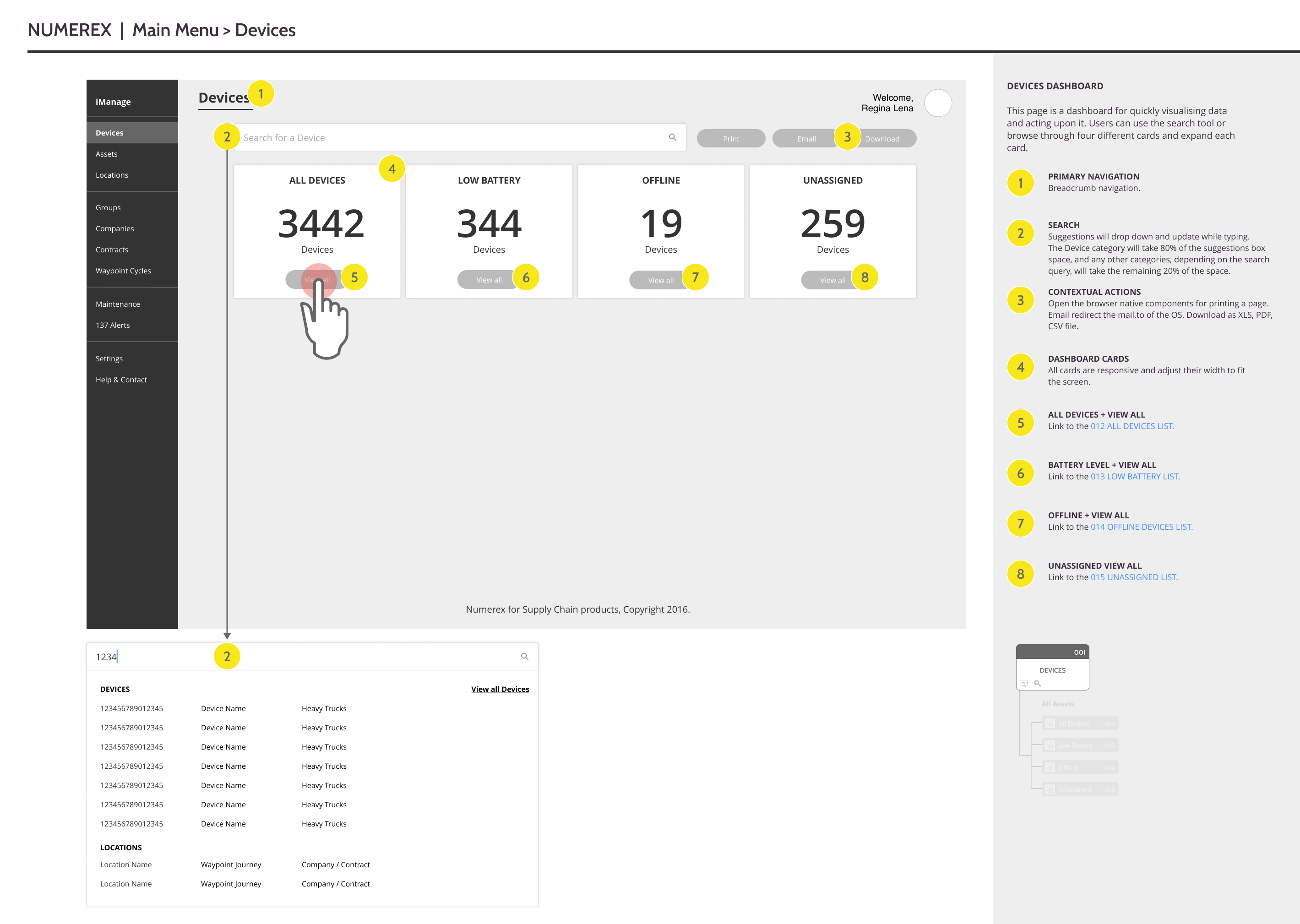 Dashboard interface showing device statistics with categories for All Devices, Low Battery, Offline, and Unassigned, including a search bar and navigation menu on the left.