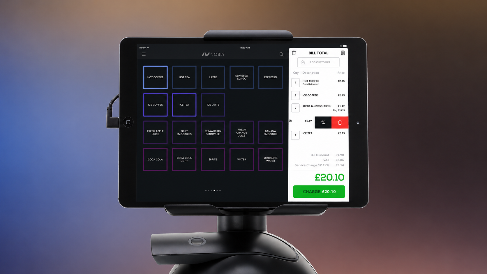 Tablet screen displaying a Nobly point-of-sale interface with beverage options on the left and a bill summary on the right showing a total charge of £20.10.