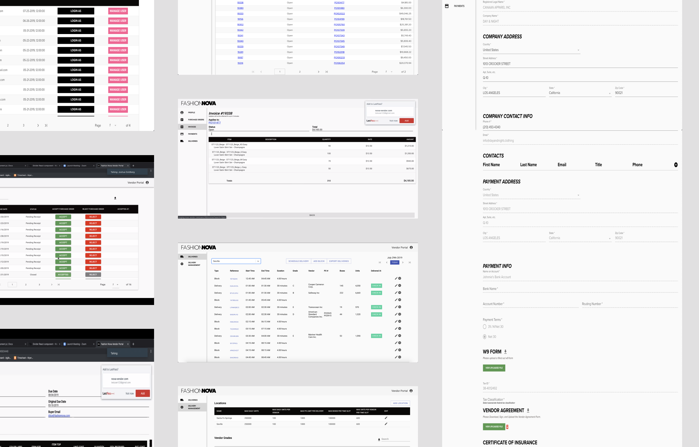 Fashion Nova vendor portal screenshots showing invoice details, delivery schedule, purchase orders, payment info, and vendor locations.