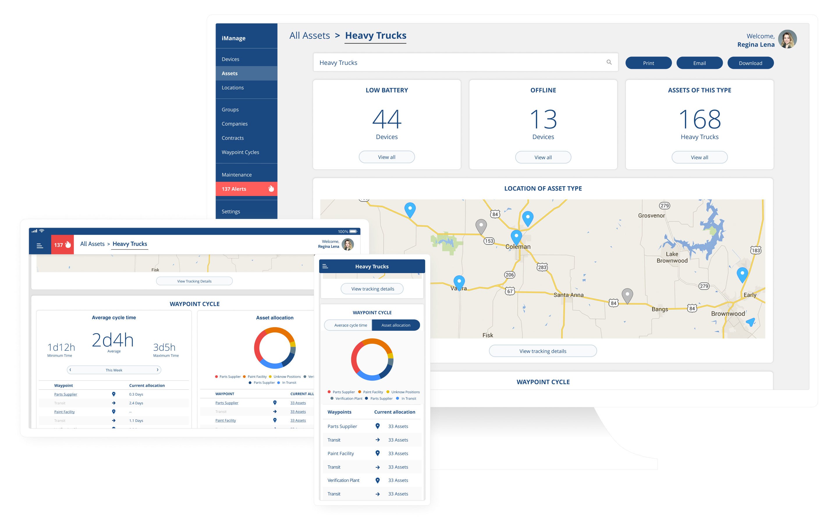 Dashboard showing heavy trucks assets with battery status, offline count, map locations, and waypoint cycle data.