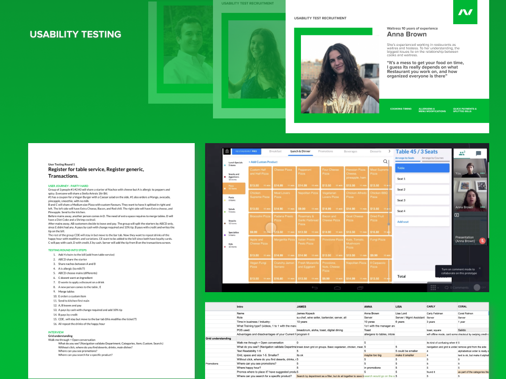 Collage of screenshots related to usability testing for a restaurant table service app, including user journey instructions, a tablet menu interface with pizza options and seat assignments, a participant profile for Anna Brown with her experience and feedback, and a comparison table of test results among participants James, Anna, Lisa, Carly, and Coral.