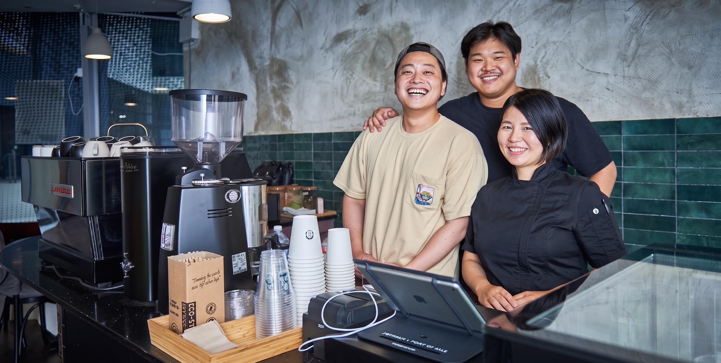 Three smiling cafe staff stand behind a counter with coffee equipment, disposable cups, and a tablet point-of-sale system, in a modern cafe setting with green tiled walls.